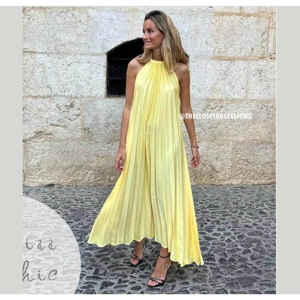 Mango NWT Butter Yellow Pleated Halter Midi Dress 8 - Picture 12 of 16